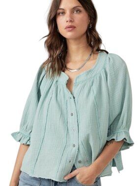 NEW FREE PEOPLE LUCY SWING TOP BLUE SURF LOUNGE BOHO COTTAGECORE GORPCORE SMALL